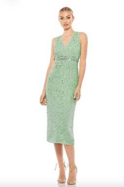 Mac Duggal 93606 Green Sequin Beaded Sleeveless Midi Dress Size 6 NWT
